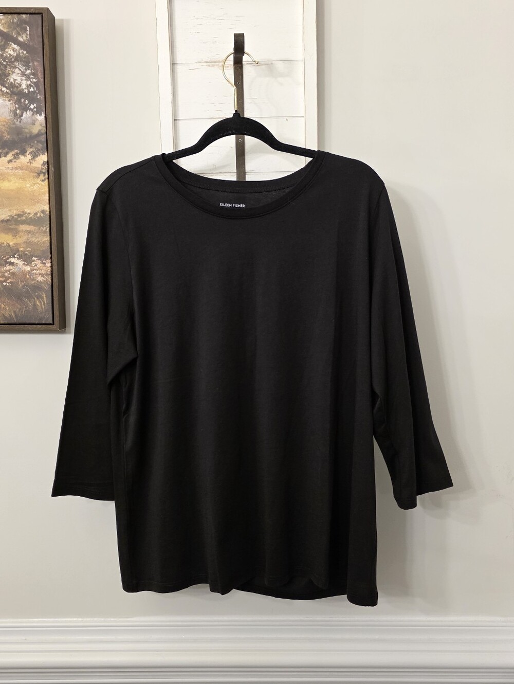 Eileen Fisher Organic Cotton 3/4 Sleeve Black Top Size XL